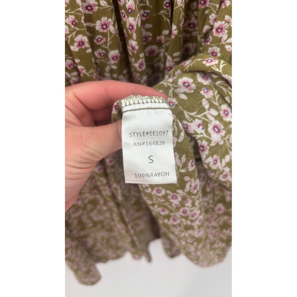 Prairie Dress Womens Small Olive Pink Floral Tiered Midi Cottagecore Puff Sleeve - Picture 6 of 14